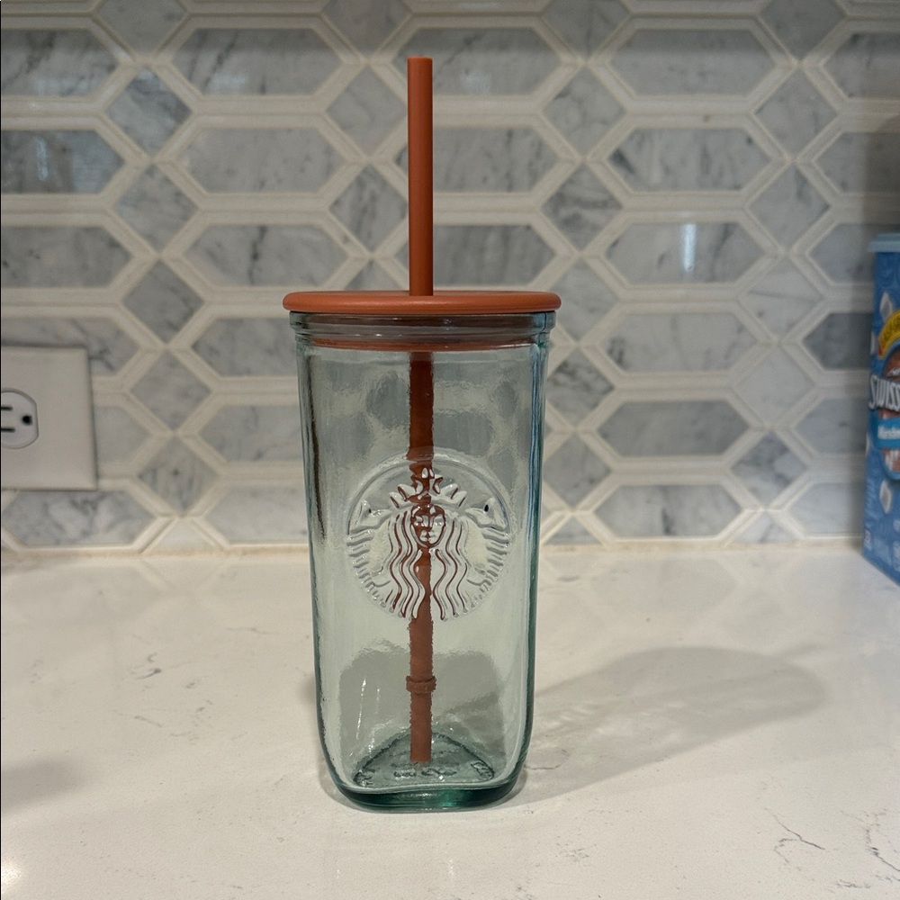 Starbucks Aqua Glass Tumbler with Terracotta Straw